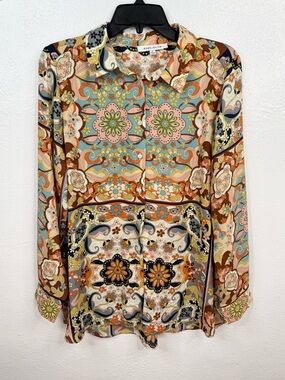 Rose + Olive women’s boho blouse size M retro print long sleeve button up
